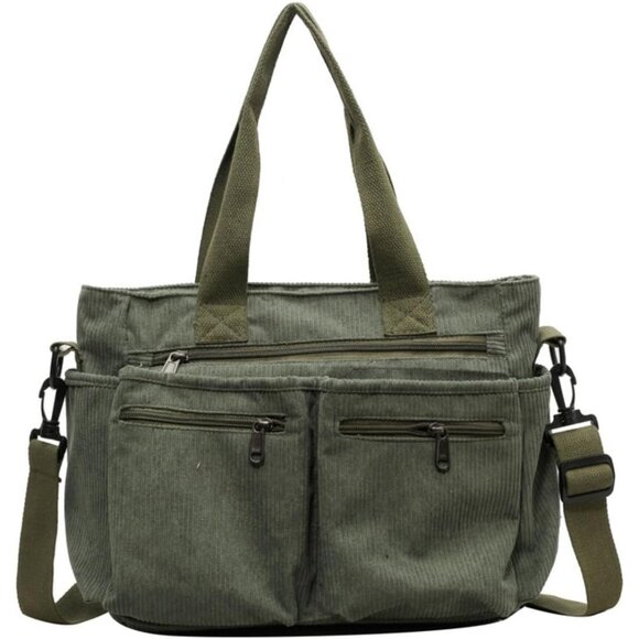 Green Corduroy Satchel Bag for Women, Large Capacity Multi-Pocket Tote Handbag w - Picture 1 of 9